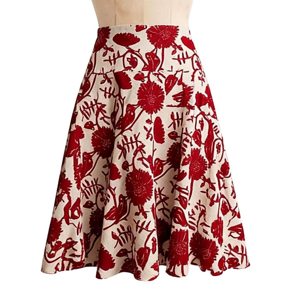 Vintage Y2K GAP 100% Linen Floral A-Line Skirt Red Ivory Garden Party Size 8